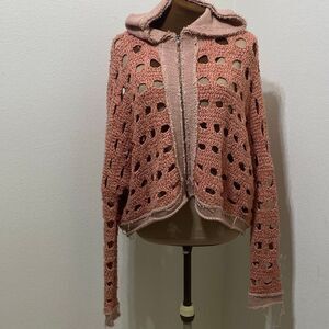 Anthropologie Free People Crochet Knit Distressed Zip Up Jacket Hoodie Size XS